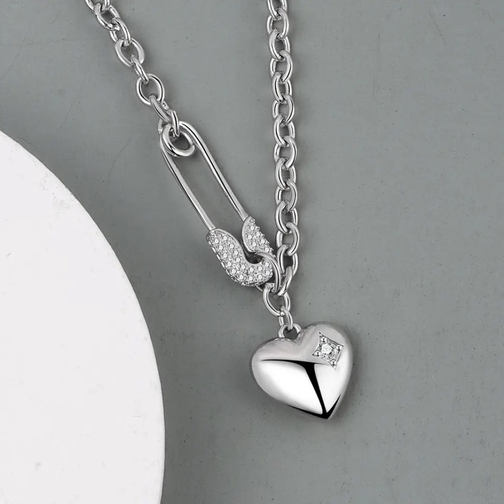 💎New Sterling Silver Pin & Heart CZ Crystal Necklace - Picture 3 of 6